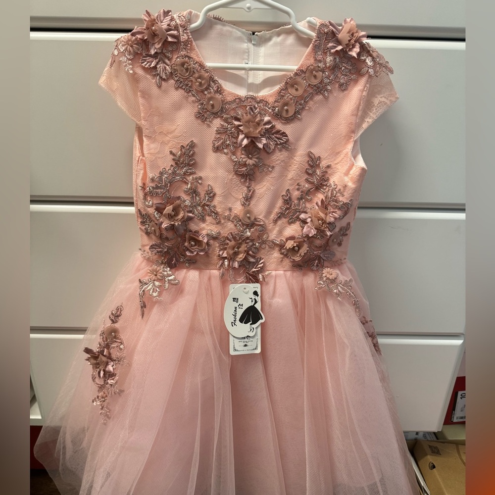 girl pink party dress with lace details